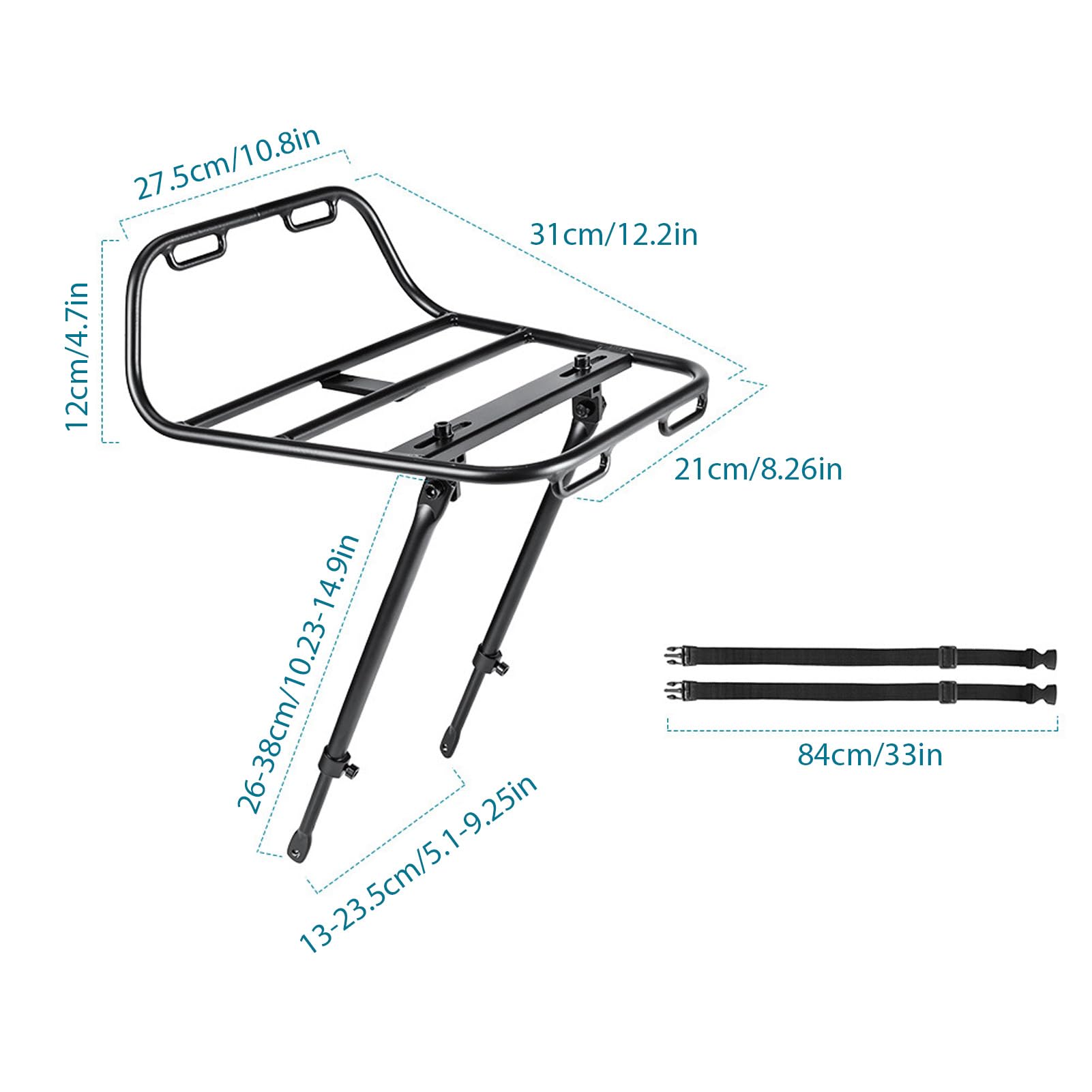Asixxsix Bagażnik Przedni na Rower z Rozpórkami, Stop Aluminium | Obciążenie 30 kg, odłączany, uniwersalny do rowerów turystycznych 26–29 cali 700C Gravel Touring Commuter, torba do noszenia