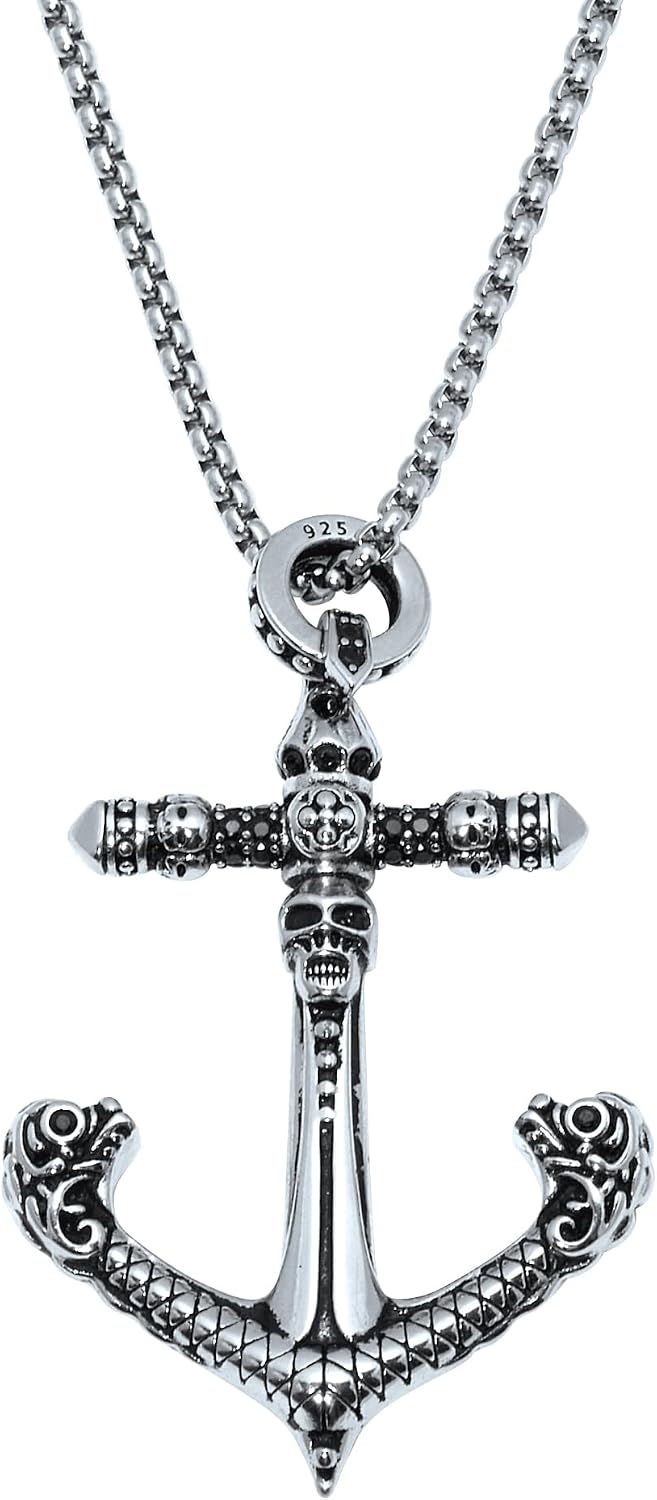 Palm Beach Jewelry Round Black Crystal Sterling Silver Skull Anchor Pendant Necklace 24-inch