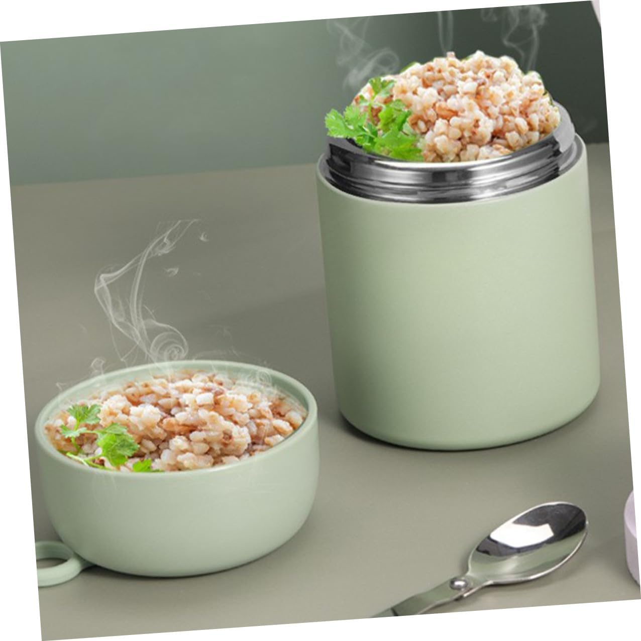 Ciieeo Insulated Breakfast Cup with Foldable Spoon 500ml Thermal Food Jar Vacuum Sealed Portable Soup Container for Students and Office Workers, Green
