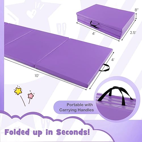 Vista 127 de Giantex 4'x10'x 2" Gymnastics Mat, 4-Panel Folding Aerobics Exercise Mat w/Hook & Loop Fastener, Carrying Handle, Portable Tumbling Mat for