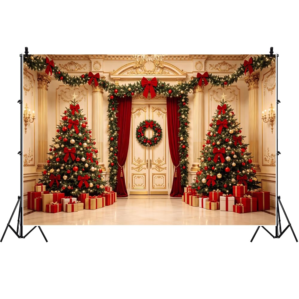3x2.5m Fondos fotográficos Navidad, árbol de Navidad salón Decorado Lazo Rojo Guirnalda Corona Cajas de Regalo Fondo para decoración Fiesta navideña y Año Nuevo Vinilo