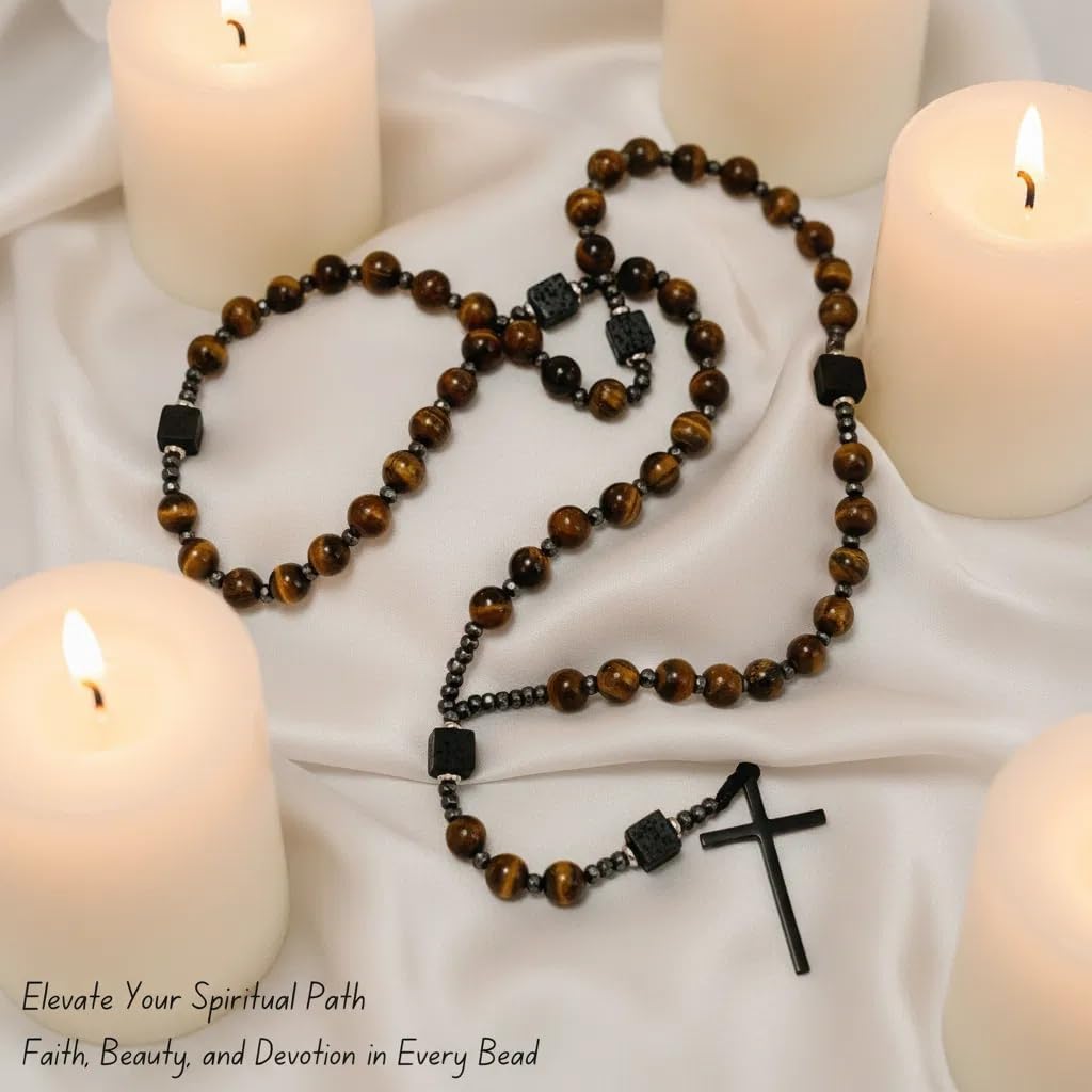 Nazareth Store Men's Rosary Necklace Black Onyx or Tiger Eye Beads with Black Alloy Cross, Catholic Christian Religious Jewelry, Gift for Him - Image 7