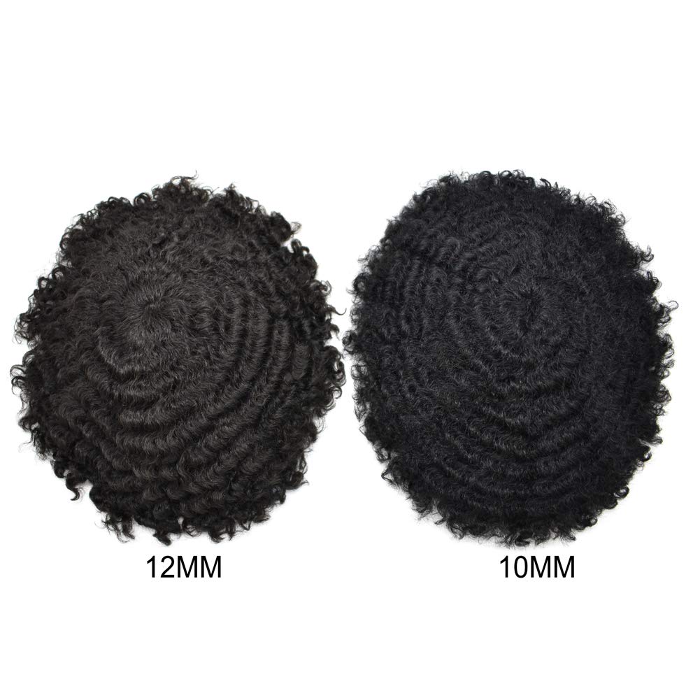 Afro Toupee For Black Men African American Kinky Curly Mens Toupee Full French Lace Base Human Hair Unit Transparent Lace Hairpiece Wig Men Replacement System 8”x10” (10mm wave, #1 Jet Black)