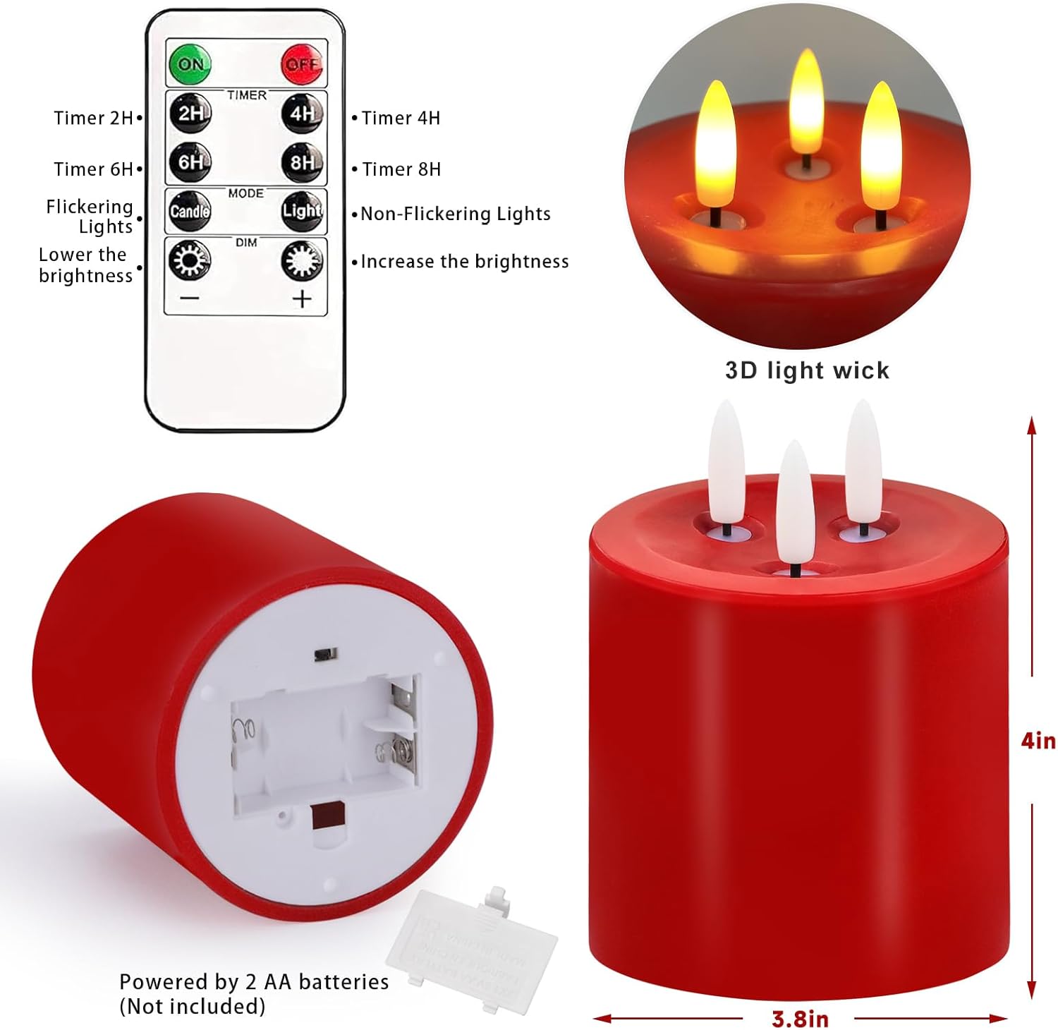 VEEKI Large 3 Wick Flameless Candles Set of 2, 4"x4" Flickering Flameless Candles with Remote & Timer, Dimmable Real Wax LED Candles Battery Operated, Electric Pillar Candles for Home Christmas Decor