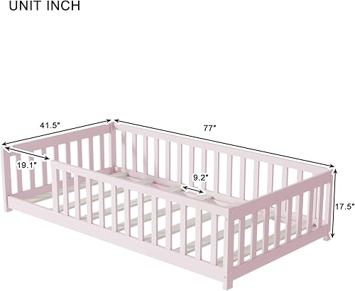 Miniatura 67 de Harper & Bright Designs Cama de suelo tamaño Queen con valla y puerta, marco de cama Montessori de madera para niños, niñas, listones incluidos, no