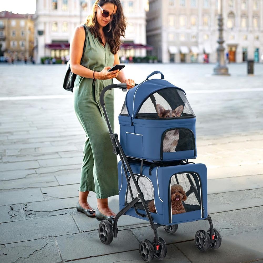 Double Pet Stroller Foldable 3-in-1 Dog Stroller with 2 Detachable Carriers, Lightweight Dual Compartment Pet Pushchair for Small Dogs and Cats, Easy-Fold Frame with Storage Basket