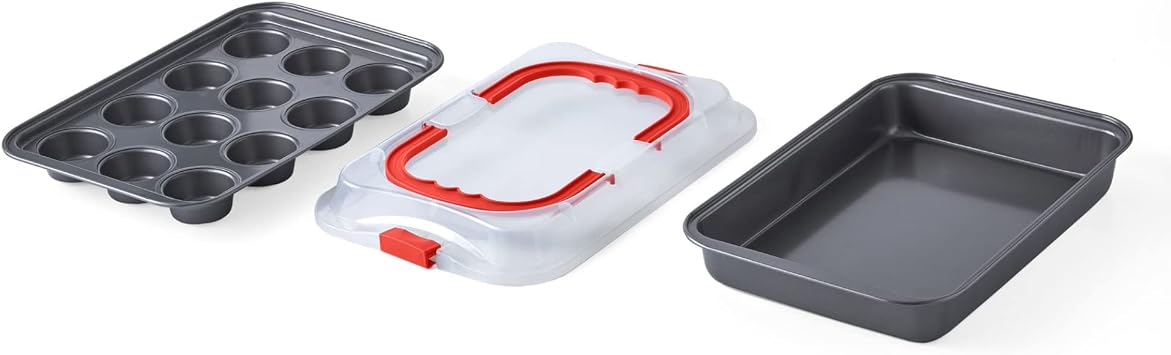 Nifty Solutions Cake Pan & Muffin Pan with Lid, 2 Piece Baking Pans Set - 9 x 13 Cake Pan & 12-Cup Muffin Pan, Non-Stick Pans, Kitchen Bakeware, Dishwasher Safe