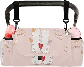 Cute Couple Cat Universal Stroller Organizer with 2 Cup Holders, Love Meow Quote Stroller Organizer Bag and Removable Shoulder Strap Fits Most Baby and Pet Strollers