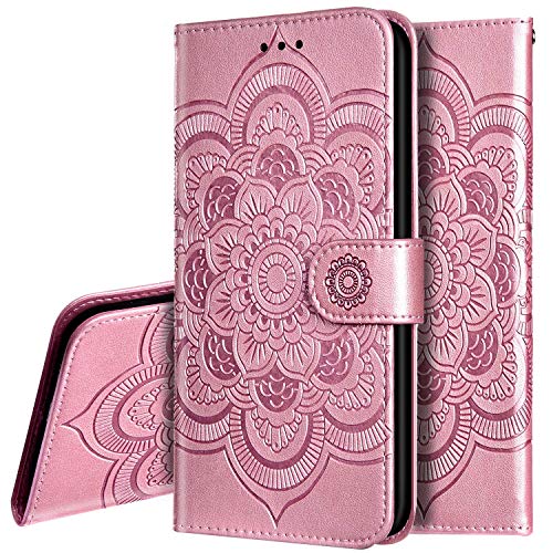 PHEZEN Case for Samsung Galaxy S9 Wallet Case,Embossing Mandala Flower PU Leather Magnetic Folio Flip Case Full Body Protective Phone Case Cover with Stand Card Slot Wrist Strap - Rose Gold