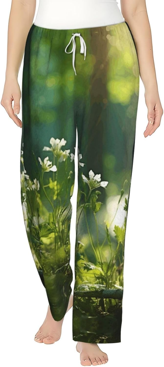 Wild Flowers Birds Leaves Branches Print Fashion Cozy Womens Flannel Pajama Pants,Perfect For Christmas And Everyday Wear