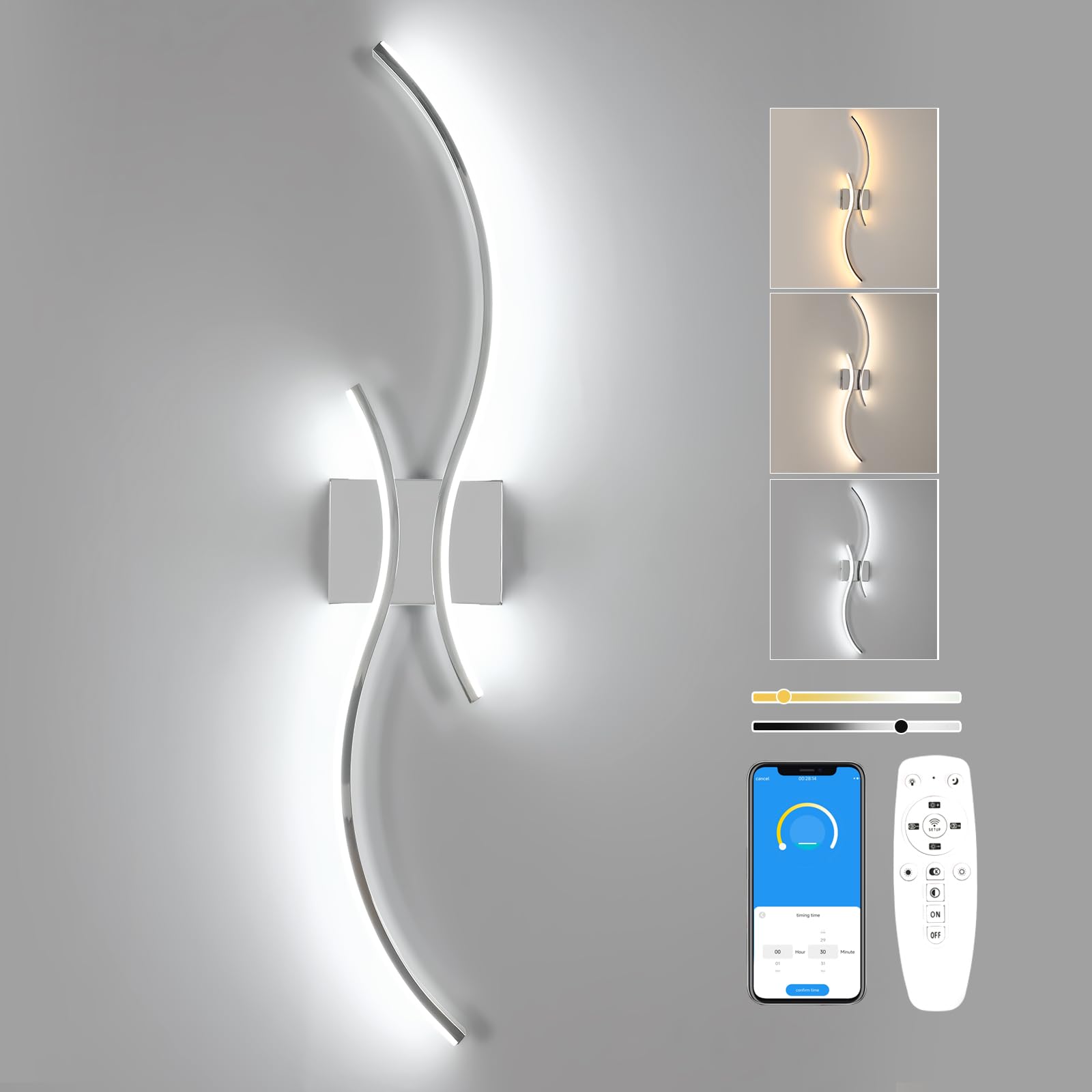 Comely Wewnętrzny Kinkiet LED, 32W Światło Liniowa Lampa Ścienna, Nowoczesne Aluminiowe Kinkiety Regulowane Z Pilotem Do Sypialni Korytarza Salonu Schodów (Chrom, 80CM)