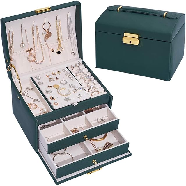 Bausweety Jewelry Box with 2 Drawers,Lockable 3 Layer Jewelry Organizer for Women Girls (Green)