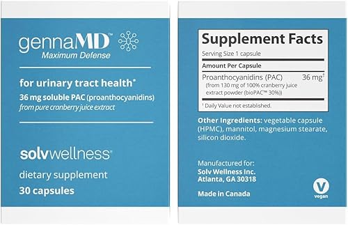 Miniatura 4 de Solv Wellness Paquete de salud pélvica e intestinal para mujeres, extracto de jugo de arándano GennaMD 36 mg soluble PAC 30 cápsulas, prebiótico