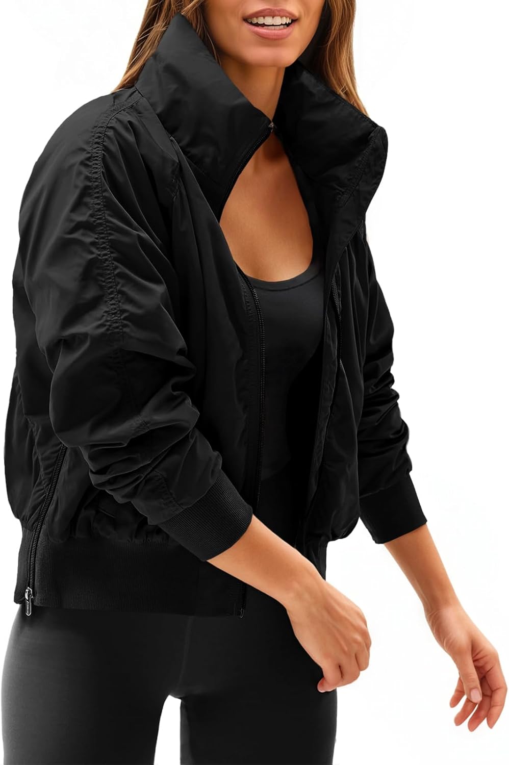 Fisoew Womens Windbreaker Crop Jackets Long Sleeve Zip Up Hidden Hooded Winter Bomber Jacket with Pockets