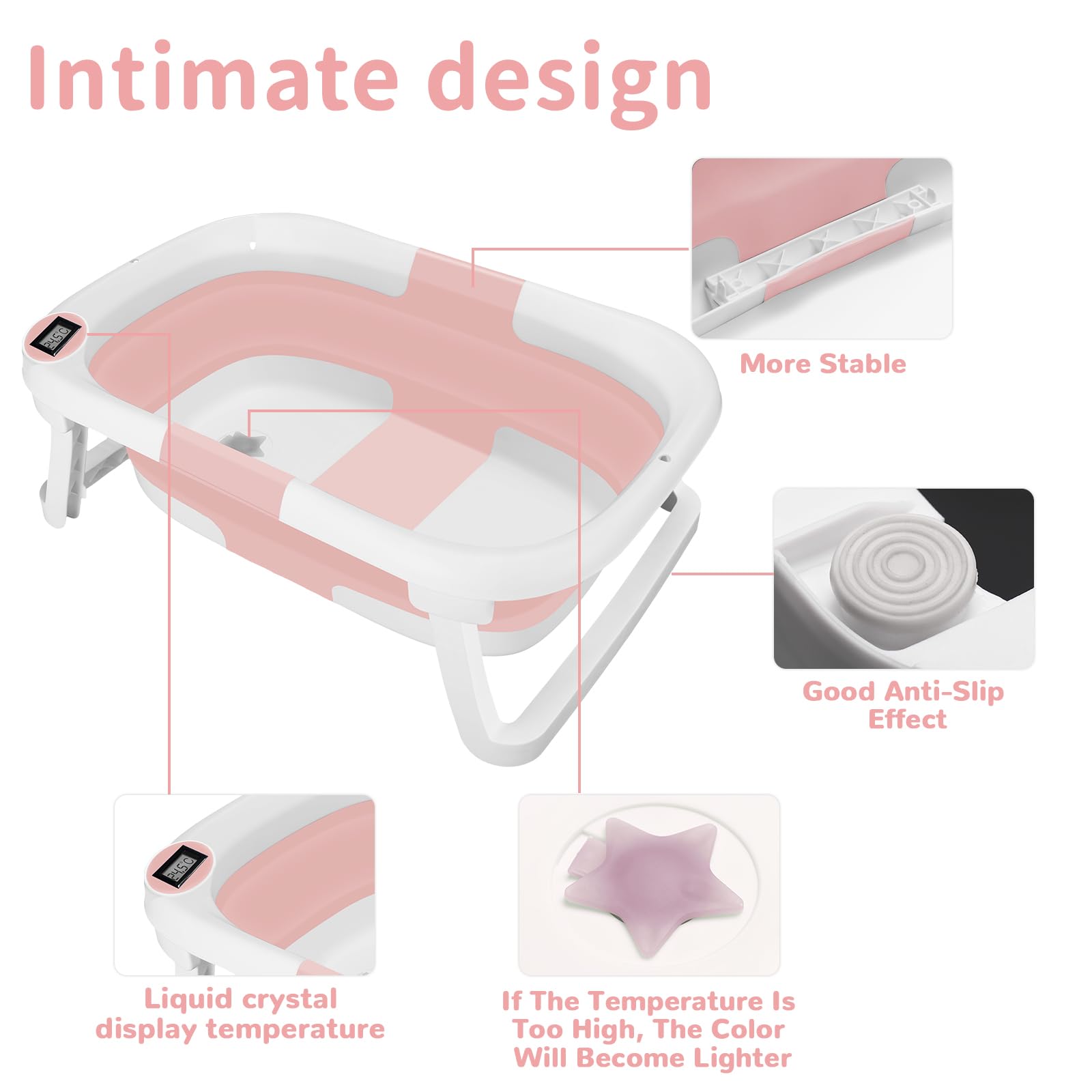 Vaschetta Bagnetto Neonato Pieghevole Con Termometro - Salvaspazio, Rosa, Per 0-36 Mesi - Foto 3