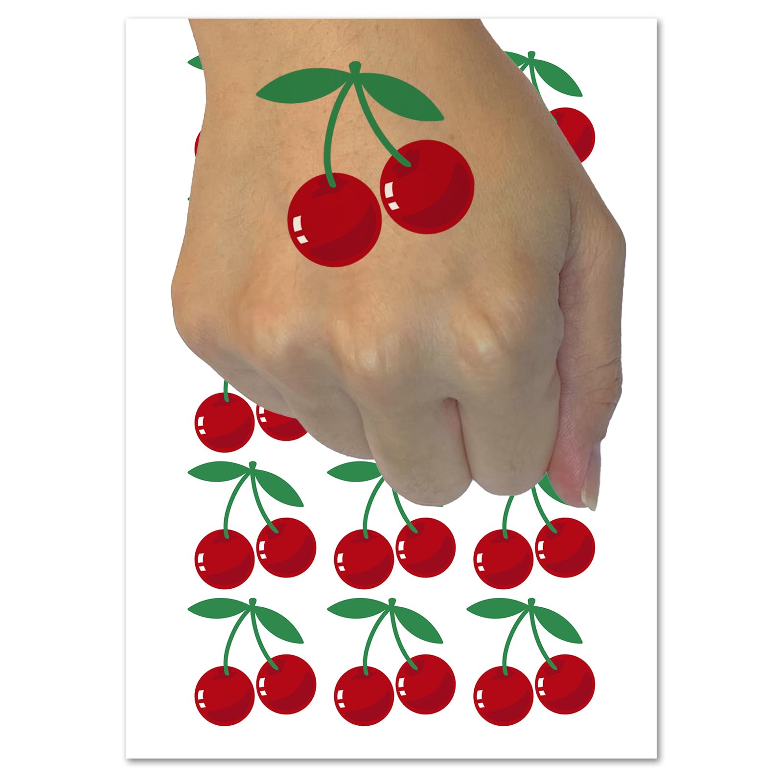 Pair of Cherries on Stem Cherry Fruit Temporary Tattoo Water Resistant Fake Body Art Set Collection - 15 2" Tattoos (1 Sheet)