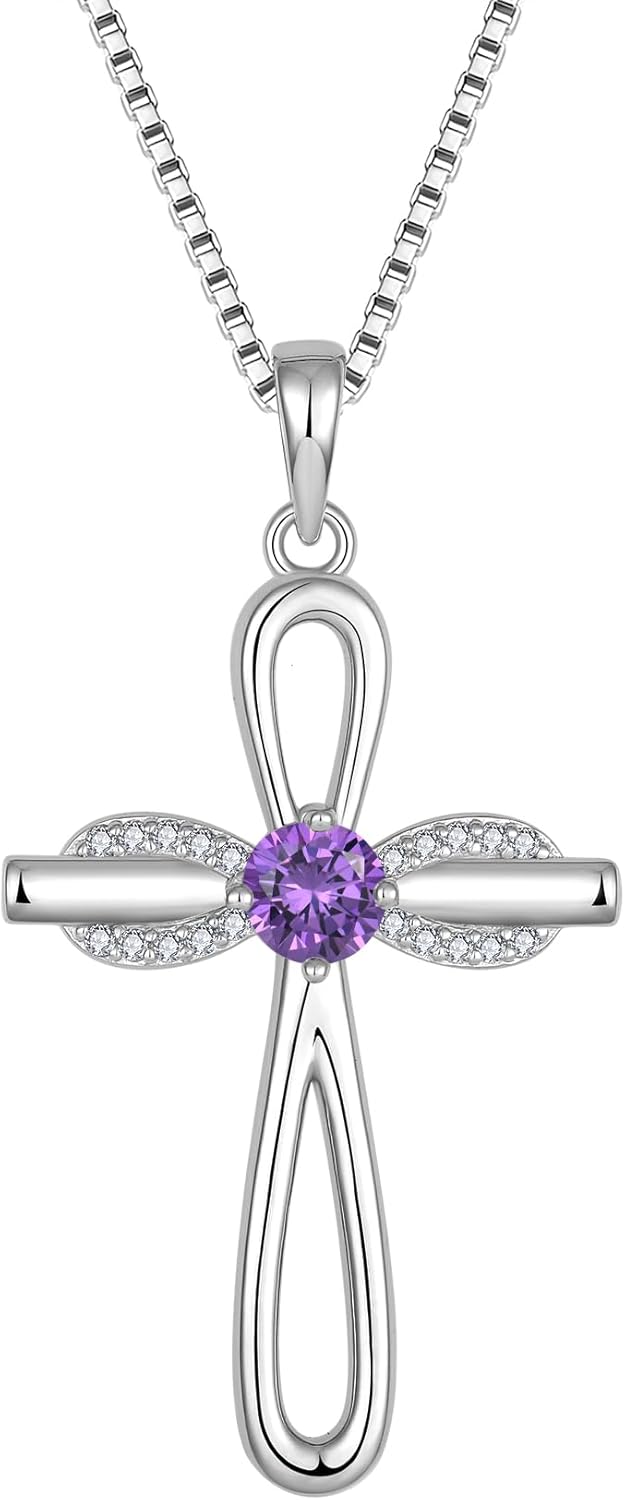 FJ Infinity Cross Necklace 925 Sterling Silver Religious Pendant Birthstone Jewelry Gifts for Women