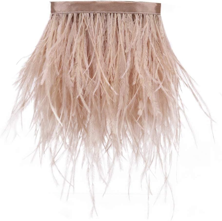 Ostrich Feathers Sewing Fringe Trim Ribbon for Crafts Clothes Accessories Latin Wedding Dress DIY 2 Yards 4-6inch Width (Champagne)