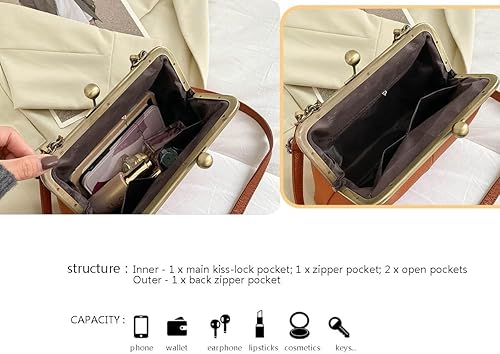 Miniatura 3 de Bolso de mano clásico retro para mujer, correa de cadena, de cuero, con cierre de beso, bolso de mano para el trabajo, bolso cruzado