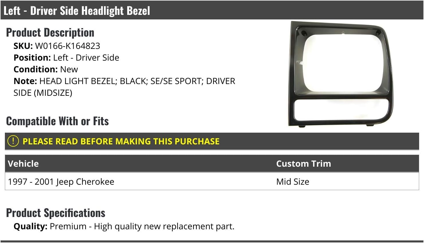 Marketplace Auto Parts Left Driver Side Headlight Bezel - Black - Compatible with 1997-2001 Jeep Cherokee SE/SE Sport