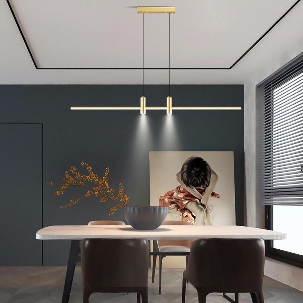 Lampadario a Sospensione LED Moderno dimmerabile Color Oro Spazzolato - Lampadario lineare Industriale per Sala da Pranzo, Isola Cucina, Tavolo da Biliardo con Design a Tubo sottil