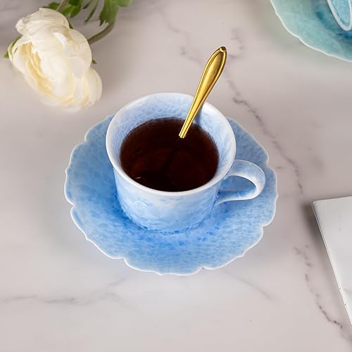 Miniatura 4 de KAMMAK Juego de 2 tazas de té y platillos de porcelana, tazas de café de porcelana de 5 onzas, tazas de café expreso de esmalte cristalino,
