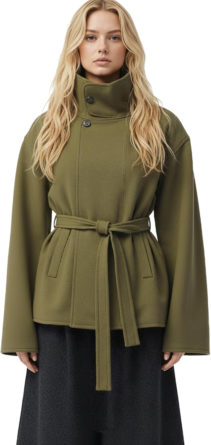 Lomehue Women Cropped Trench Coat Funnel Neck Wool Jackets Oversized Belted Pea Coats Fall Winter Trendy Casual Outfits 2025