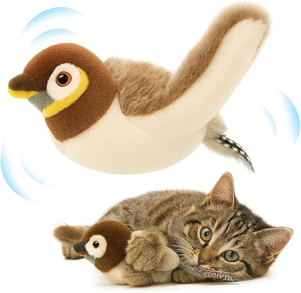 CKFPS Flapping Bird Cat Toy – White Faced Sparrow Chirping Flying Toy with Catnip, Rechargeable Interactive Cat Toy for Indoor Cats (No Flying)