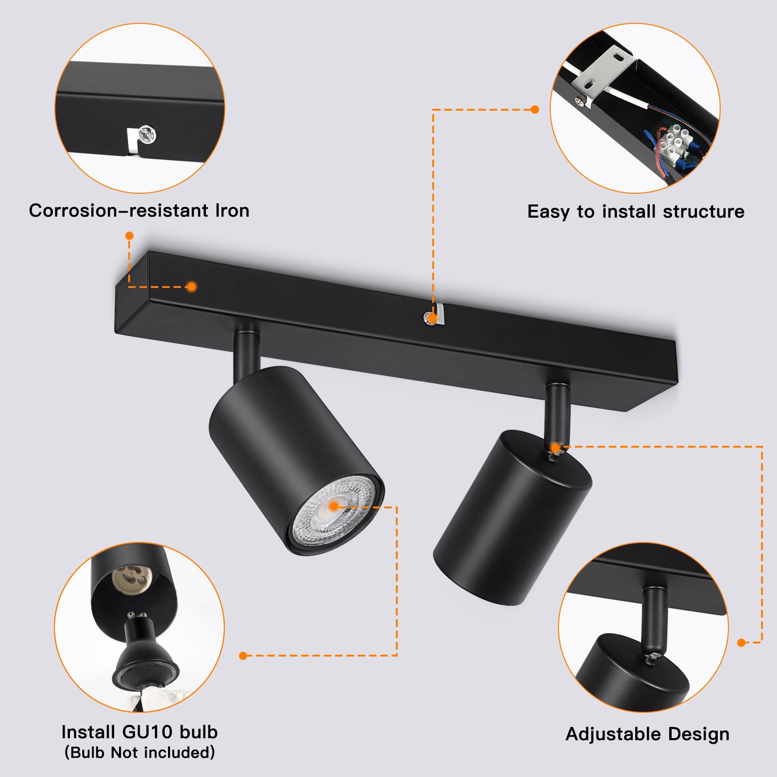 Ketom Faretti da Soffitto Orientabili Nero, GU10 Lampada Faretti LED Soffitto, Faretto da Parete Moderna, Plafoniera LED con 2 Faretti per Cucina, Cameretta, Senza Lampadina