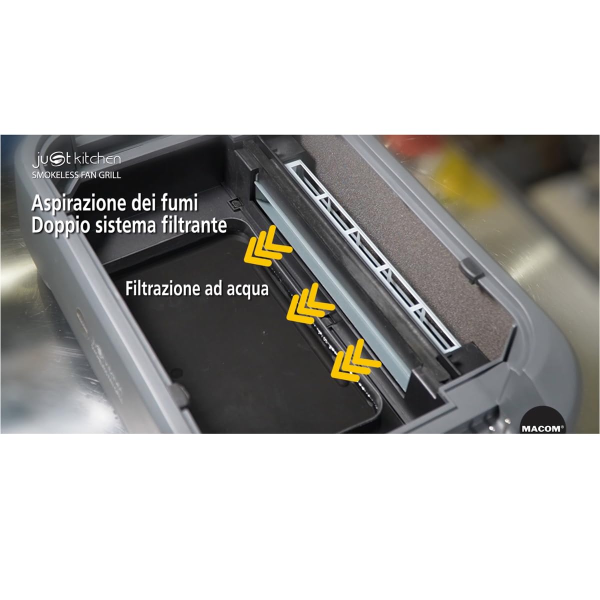 MACOM Griglia/Piastra Elettrica Con Cappa Aspirante Integrata e Doppio sistema filtrante,Indoor,Senza Fumo Senza Odori,Temperatura regolabile sino a 250°,1500W, Just Kitchen 849 Smokeless Fan Grill