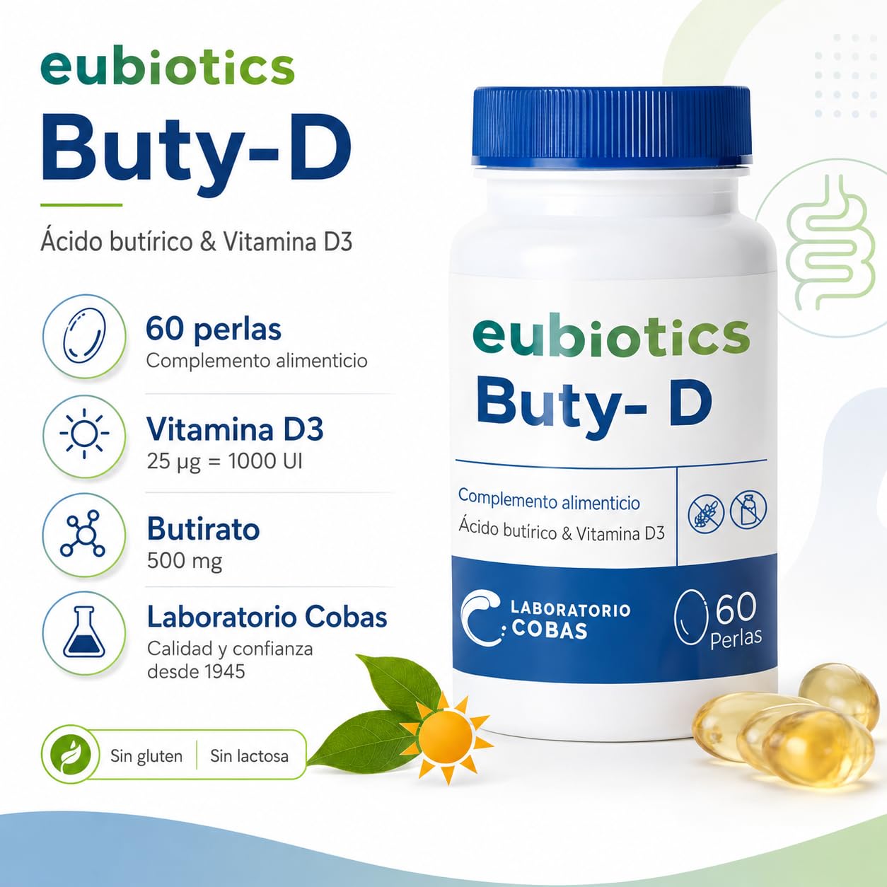 Eubiotics Buty-D 60 Cápsulas - Suplemento de Ácido Butírico Butirato y Vitamina D3 - Sin Gluten y Sin Lactosa - Para la Homeostasis Intestinal