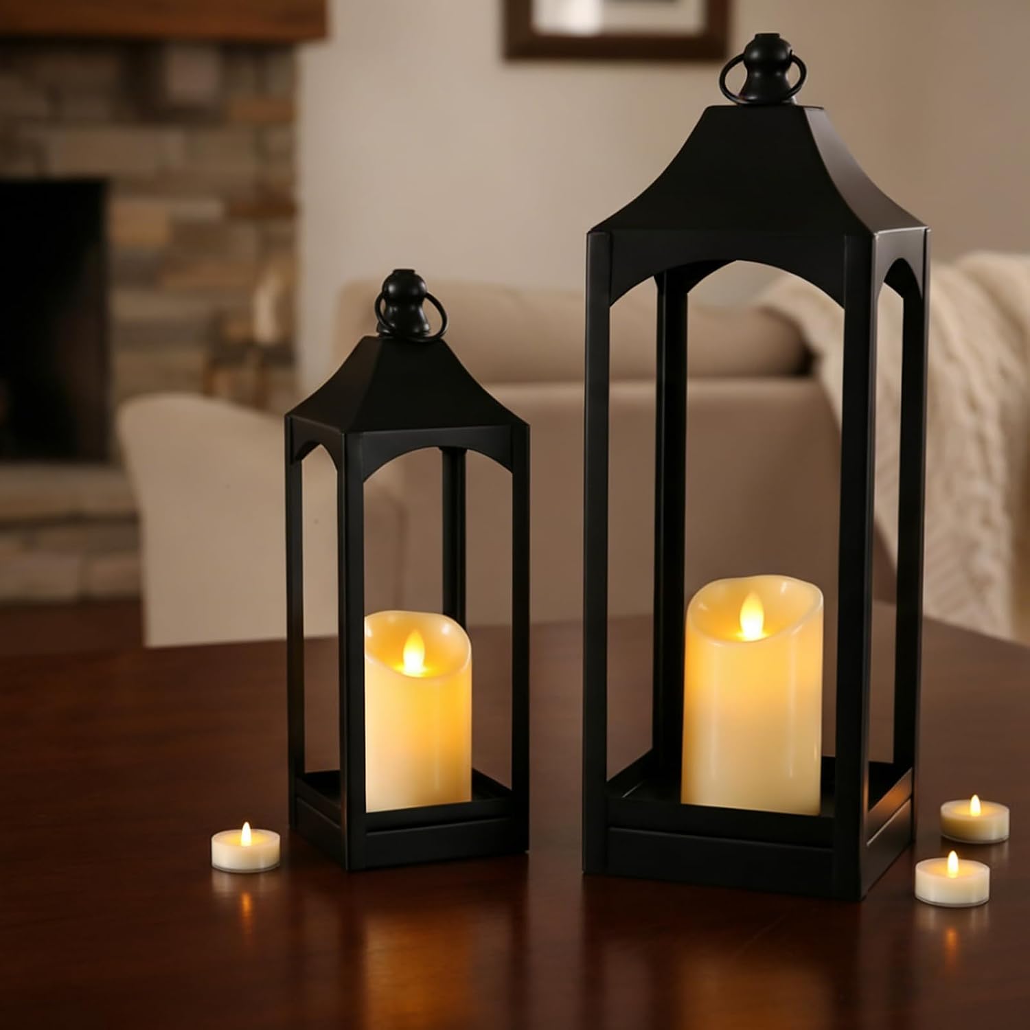 LETINE Vintage Lantern Set of 2 (12.67" & 16.41") with LED Candles - Multi-Size Black Decorative Indoor Outdoor Lanterns for Porch, Patio, Home Decor, Classic Candle Holder for All Season (NO Glass)