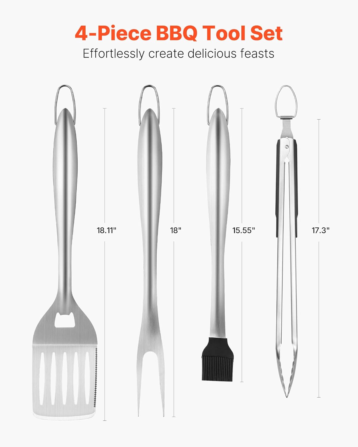 VEVOR Grilling Accessories, 4PCS BBQ Grill Tool Set, Heavy Duty Stainless Steel Barbecue Tools, Kitchen Utensils with Tong, Spatula, Fork, Brush, for Outdoor Grills, Gift for Father Men Husband