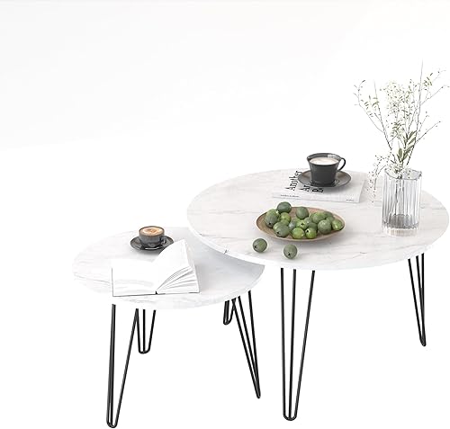 Juego de 2 mesas auxiliares redondas de 27.56 pulgadas, juego de mesa auxiliar circular moderna con mesa de madera y base de metal para sala de