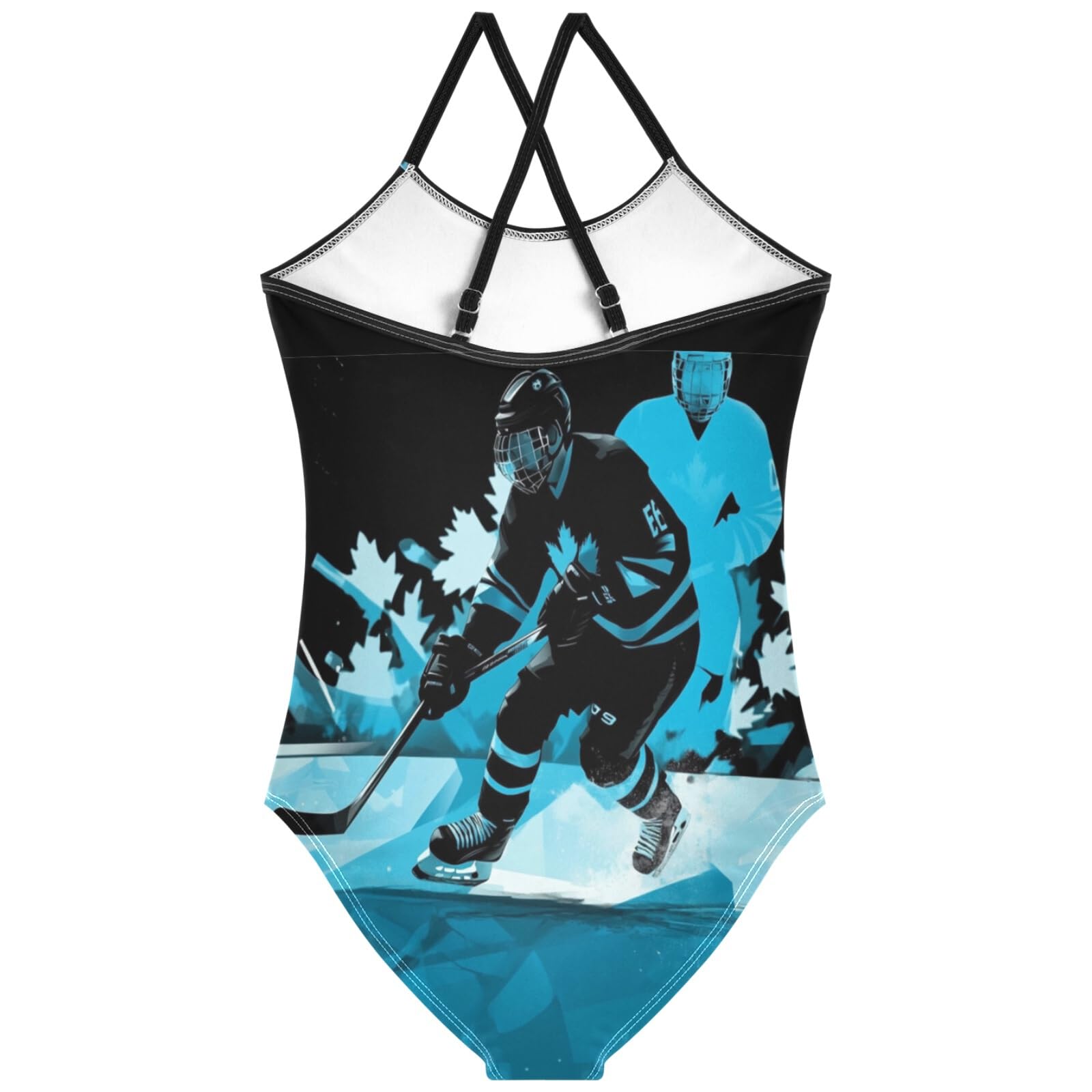 Pigsaly Girls One Piece Swimsuits Blue Black Ice Hockey Players Kids Cross Back Swimwear Beach Sport Bathing Suit 9T-10T