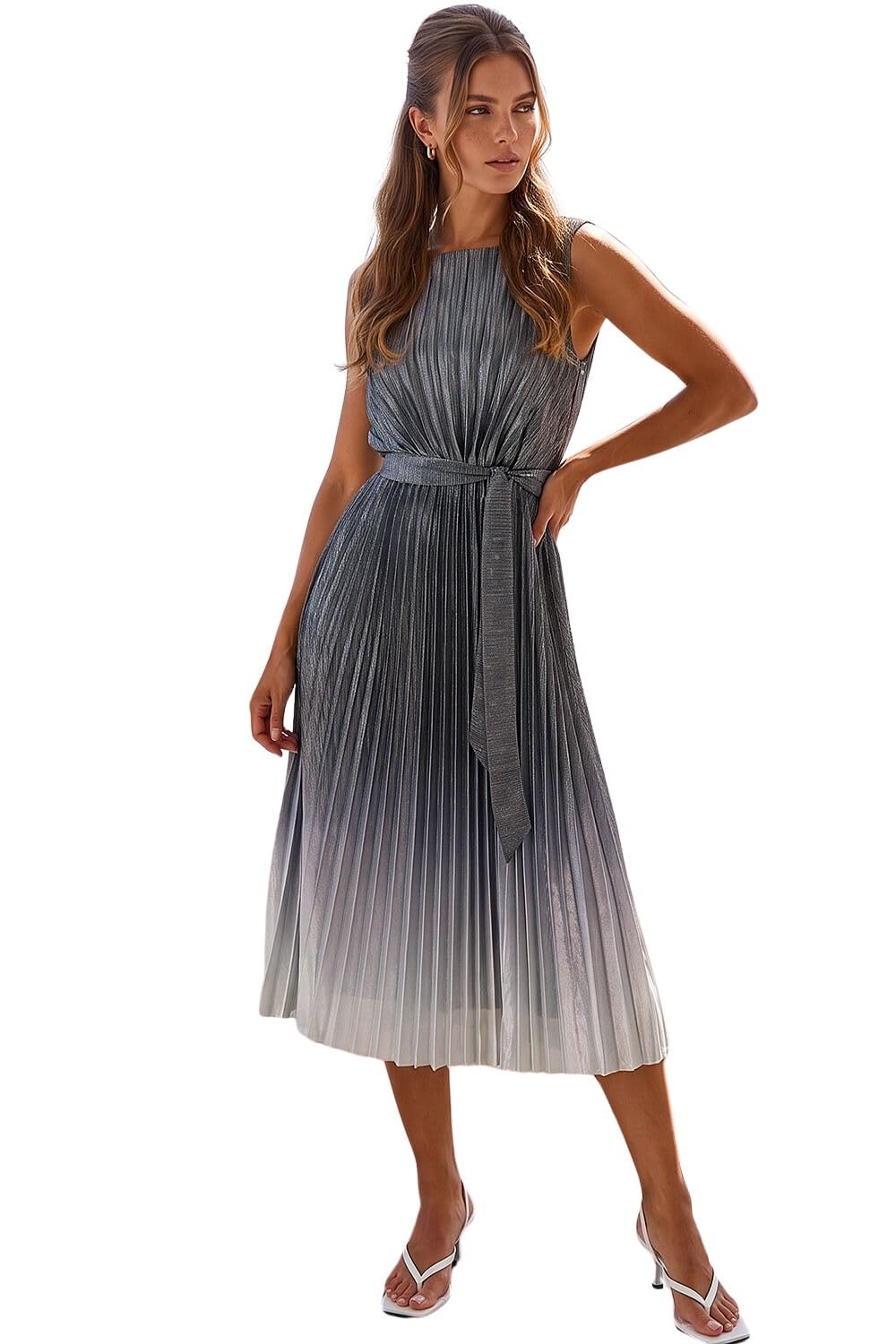Roman Pleated Ombre Midi Dress - Silver - Size 16