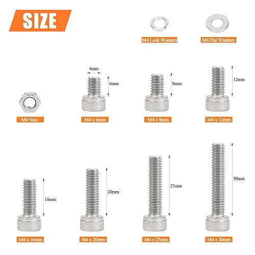 Miniatura 3 de 350 piezas M4 x 0.236 in, 0.315 in, 0.472 in, 0.630 in, 0.787 in, 0.984 in, 1.181 in, cabeza hexagonal, tornillos, arandelas, tuercas, acero