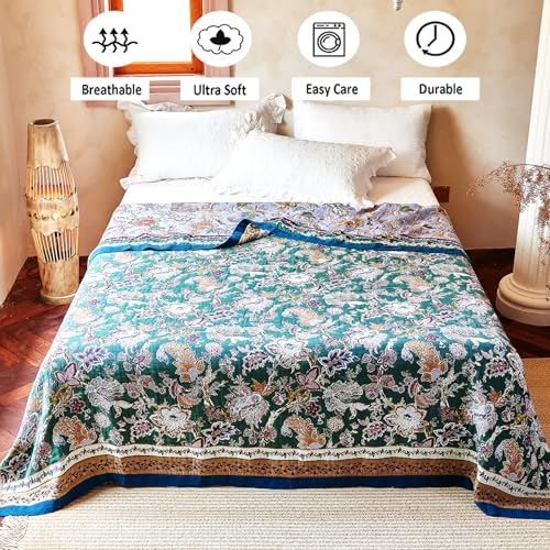 Boho Throw Blanket 60" x 80", 100% Organic Cotton Breathable Ultra Soft Bed Purple Quilt Throw - All Season Luxury Floral Farmhouse Decor Blanket for Sofa Couch Chair and Gift.