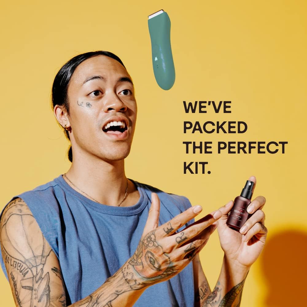 MERIDIAN - The Complete Package: Includes Men’s Waterproof Electric Below-The-Belt Trimmer and The Spray (50 mL) | Features Ceramic Blades and Sensitive Shave Tech (Sage)