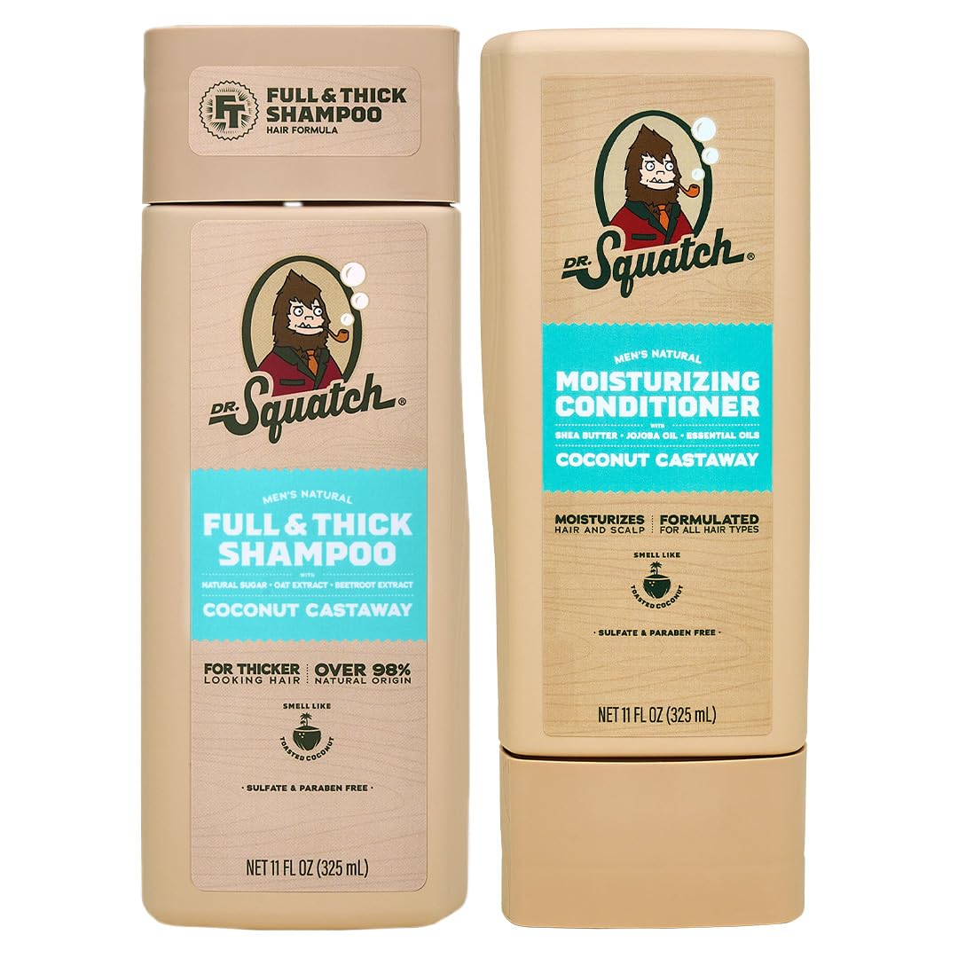 Dr. Squatch Full + Thick Men's Shampoo and Conditioner Set - For Fuller, Thicker-Looking Hair - Natural Shampoo and Conditioner for Men - Coconut Castaway (11 fl oz, 2-Pack)