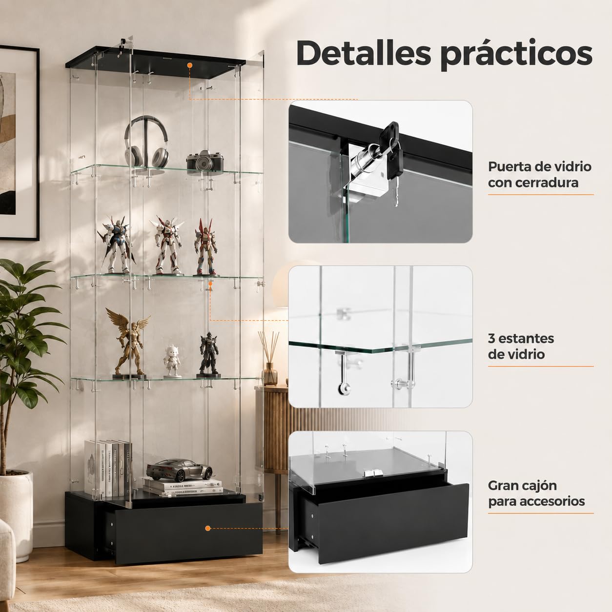 Vitrina de Cristal con Cajón Inferior, 4 Niveles, Estantes de Vidrio y Marco Negro, 69,9 x 35,3 x 179,8 cm, para Coleccionables, Figuras y Decoración