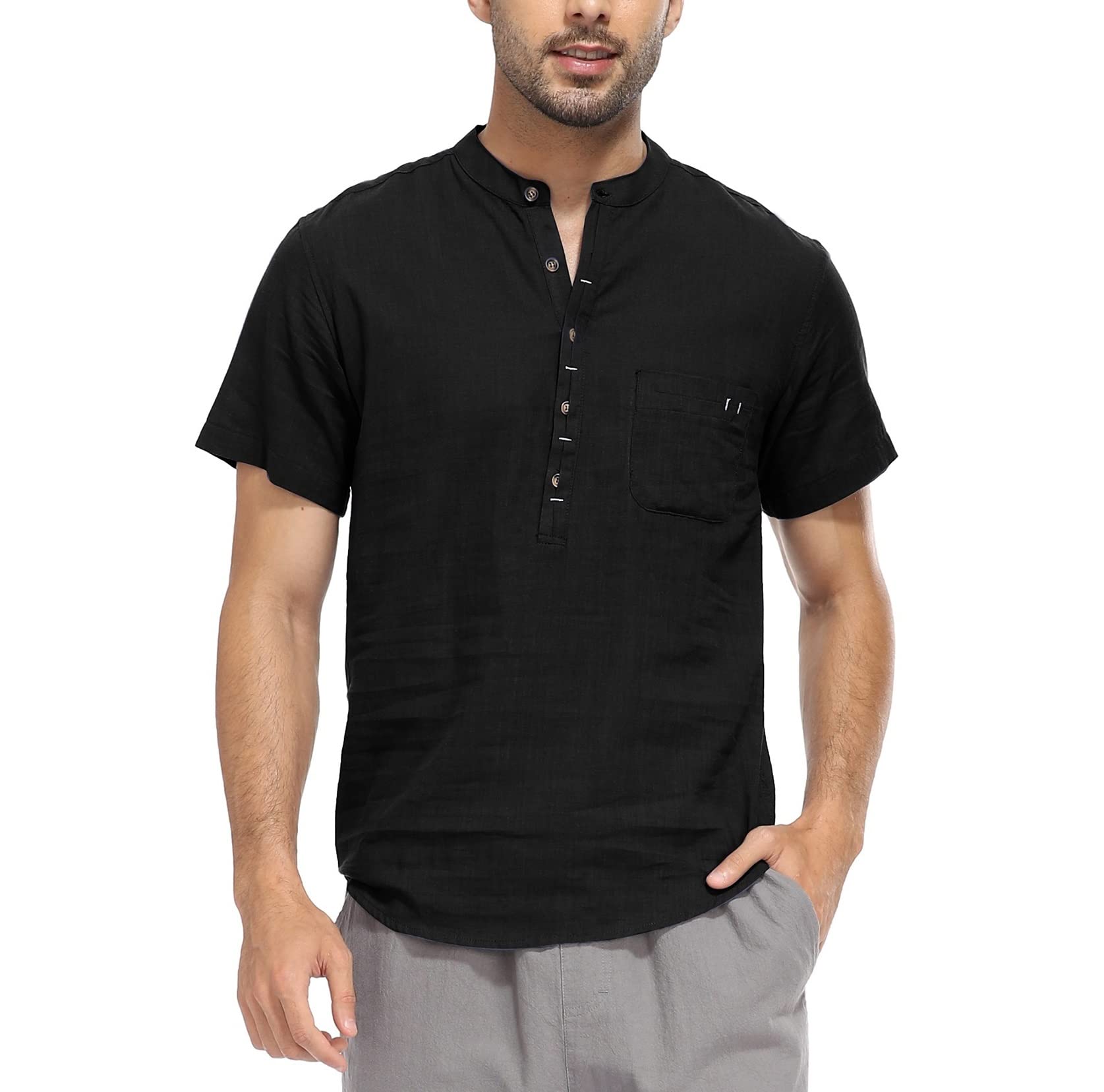 WAZZAP Camisas para Hombre Manga Corta de Algodón y Lino Verano Henley Camisas Casual Hippie Playa Camisa