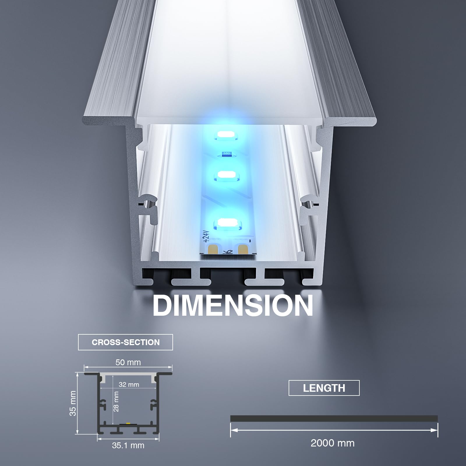 profilo alluminio per strisce led Schermatura Opaca 2m x 5pz (10m), 50mm x 35mm, adatto per strisce luminose di diversi produttori, larghezza massima 25,7mm