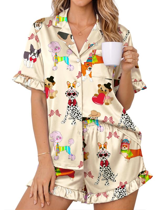 Image of Ekouaer Womens Satin Pajamas Set Button Up Silk Pjs Short Sleeve Shorts Set