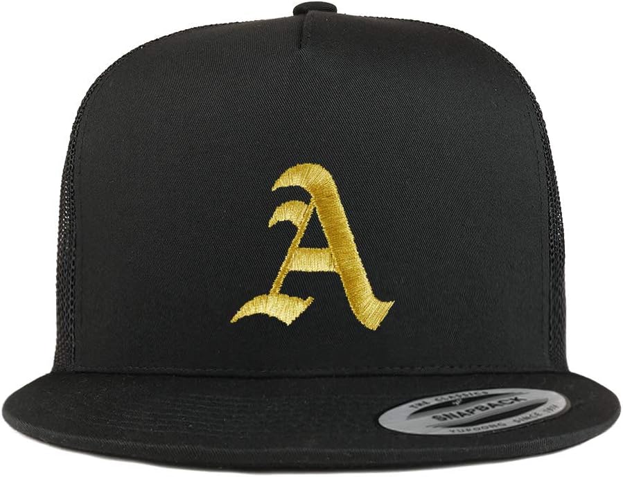 Trendy Apparel Shop Old English Gold A Embroidered 5 Panel Flatbill Trucker Mesh Cap