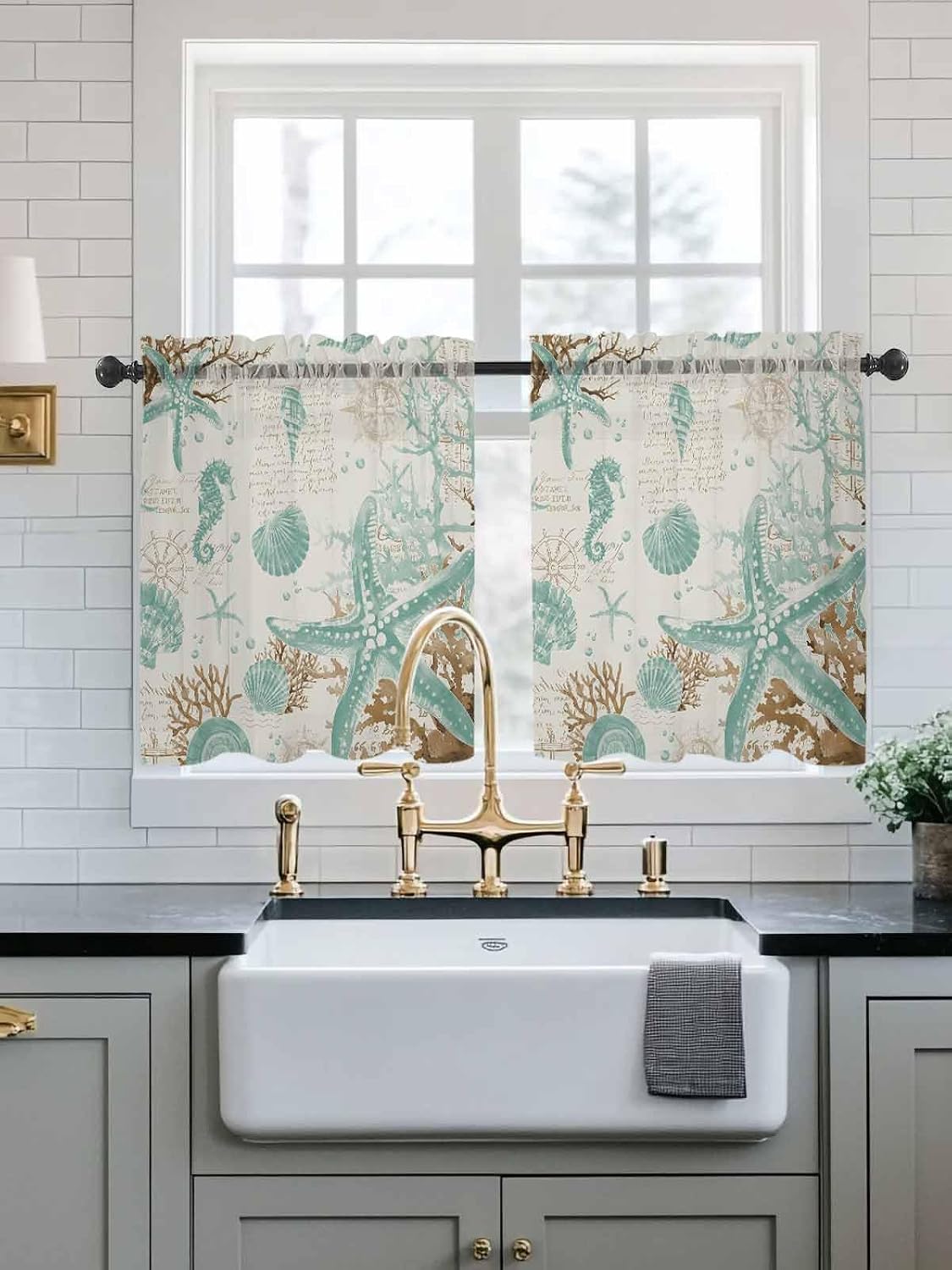 Aqua Coastal Starfish Sheer Curtains for Bedroom Living Room Window Tier Curtain 24 Inch Length, Farmhouse Nautical Seahorse Coral Rod Pocket Voile Drapes Kitchen Curtains Small Half Window 2 Panels