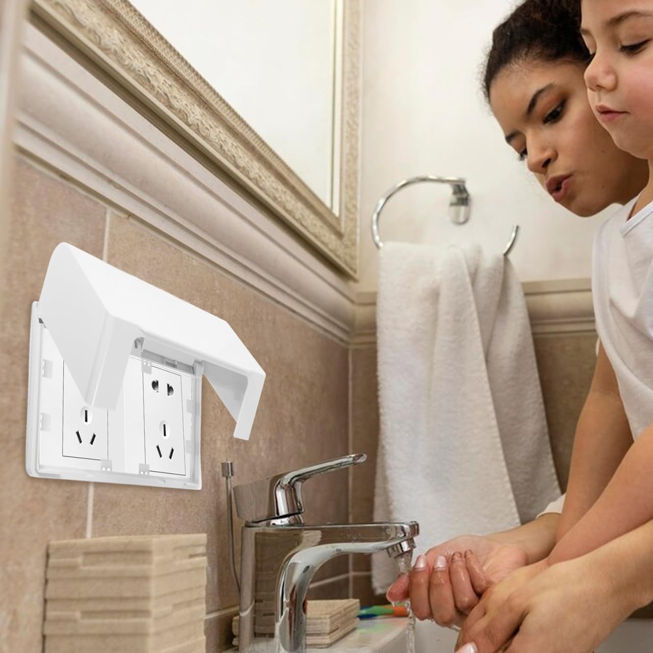 Mipcase Waterproof Socket Cover Double Position Sticky Adhesive Outlet Protector 7.95X4.72X2.95 Inch Weather-Resistant Electrical Outlet Cover for Home Kitchen Bathroom