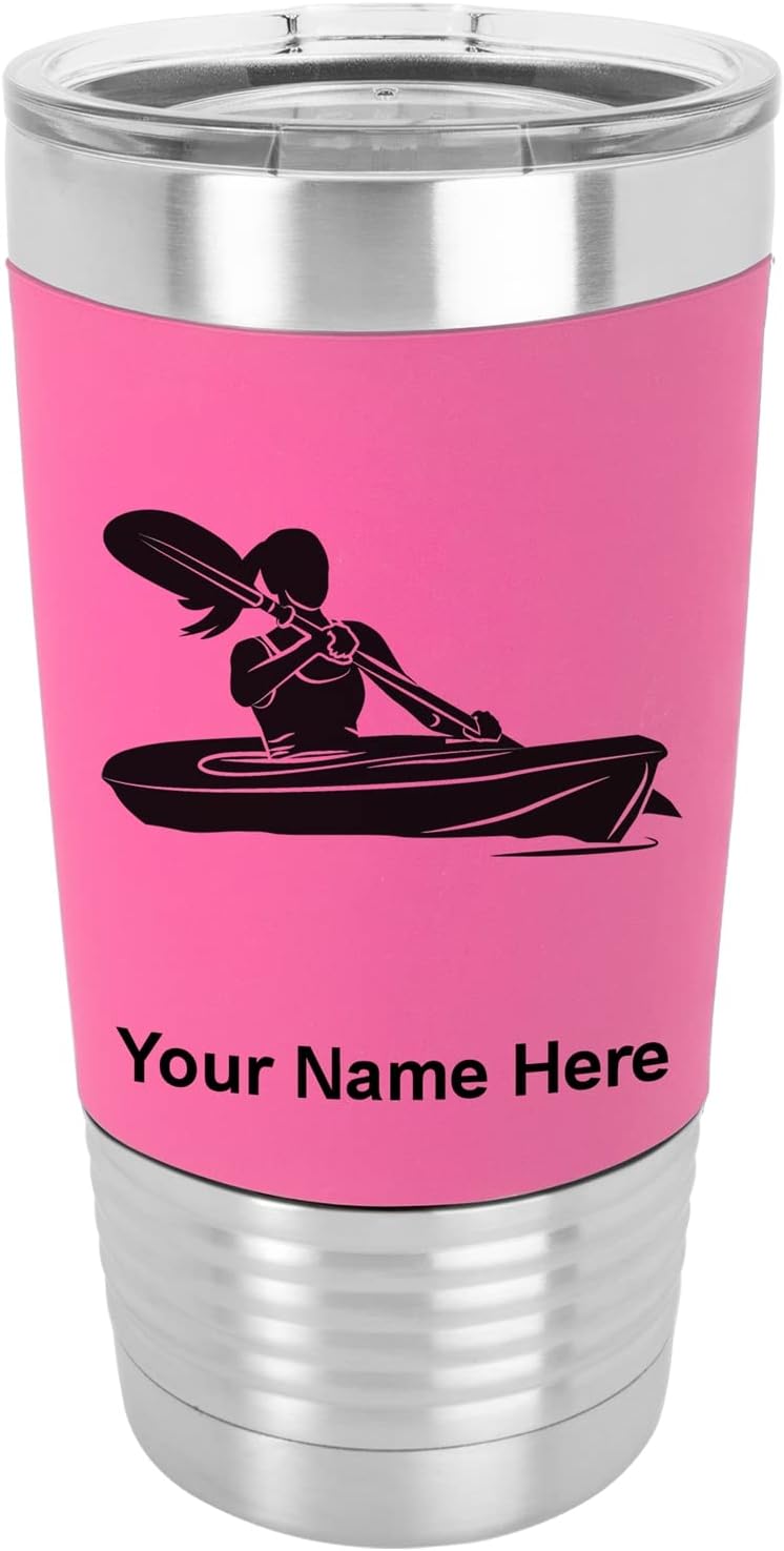 LaserGram 20oz Vacuum Insulated Tumbler Mug, Kayak Woman, Personalized Engraving Included (Silicone Grip, Navy Blue)