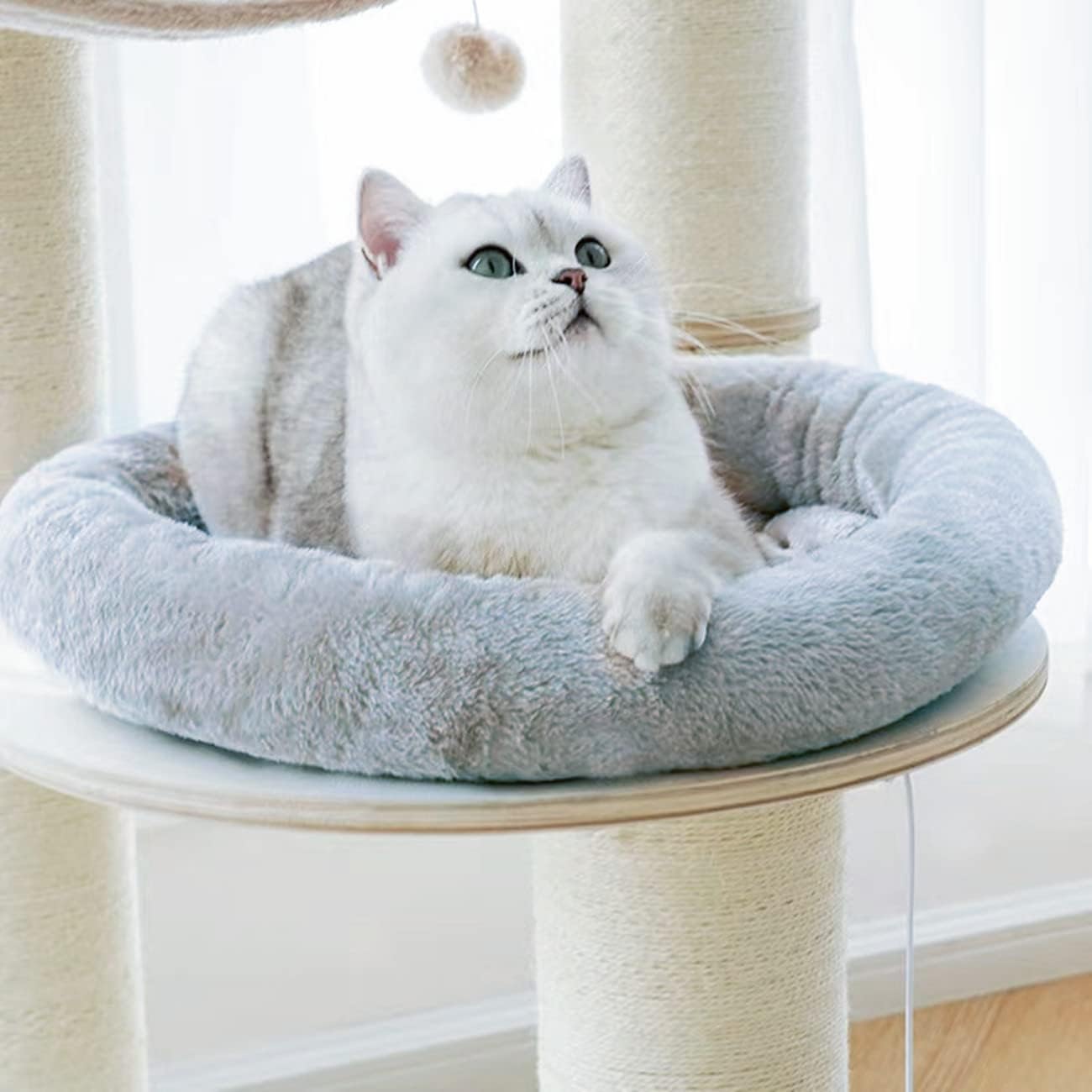 SHENGOCASE 18“ Fluffy Faux Fur Cat Tree Tower Replacement Bed Cushion Pillow with Hook Tapes, Round Donut Cuddler Cat Dog Bed for Desk Table