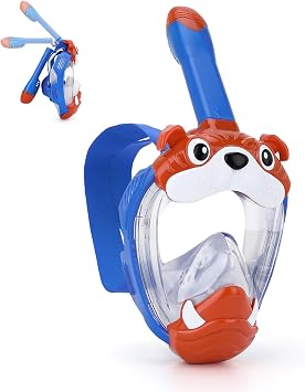 Kids Full Face Snorkel Mask, Snorkeling Gear for Kid, 180 Panoramic View Snorkeling Mask with Adjustable Elastic Fabric Straps - Anti-Fog & Anti-Leak - Portable Mesh Bag